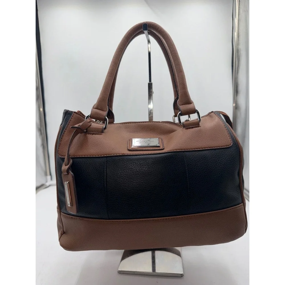 Tignanello Leather Satchel Handbag Brown Black Two Tone Pebbled Zip Top Bag